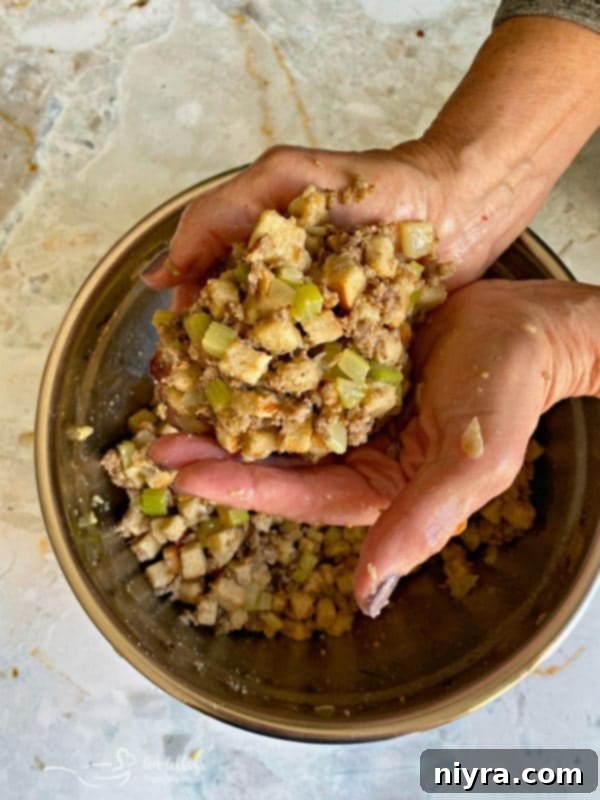 Preparing Mom's Sausage & Sage Dressing: Showing ideal moisture