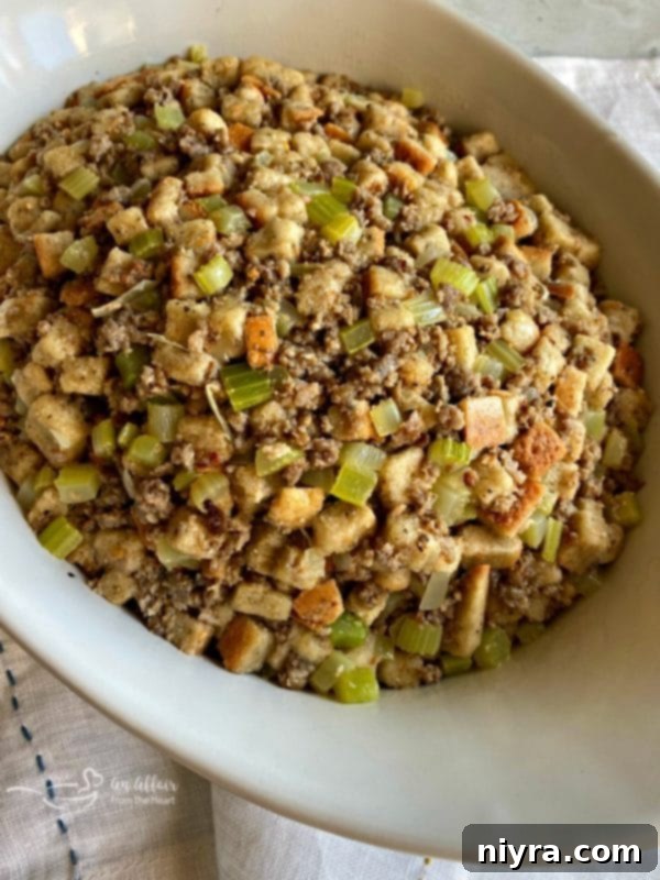 Mom's Sausage & Sage Dressing ready for the oven