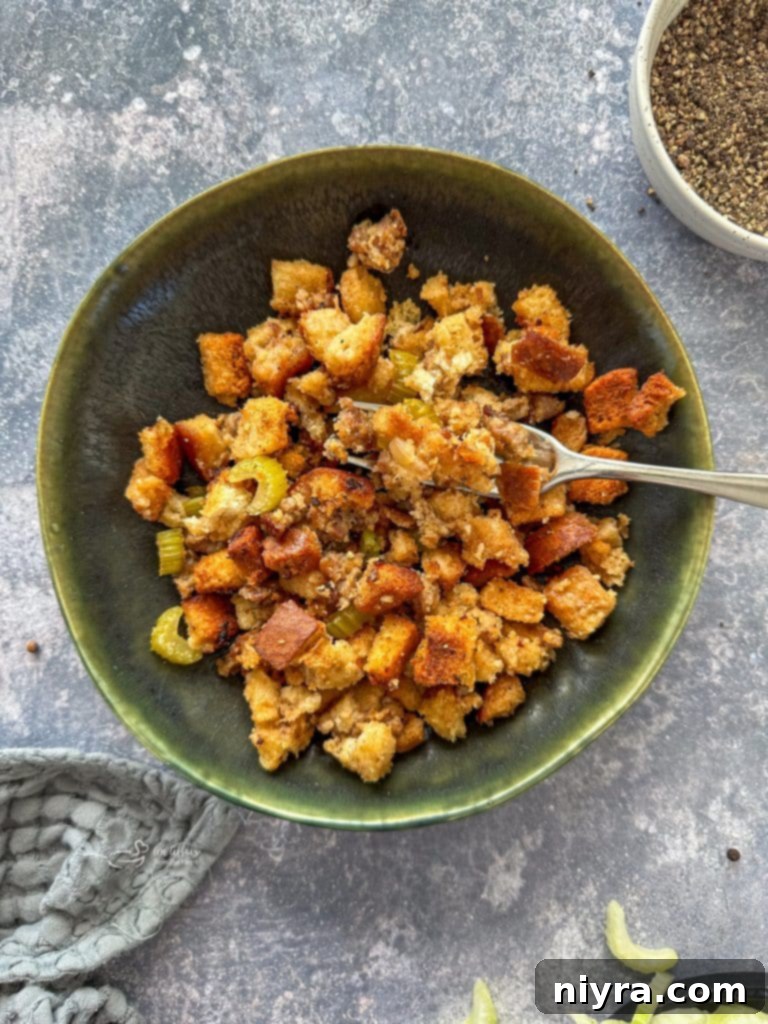 A serving of homemade sausage and sage stuffing