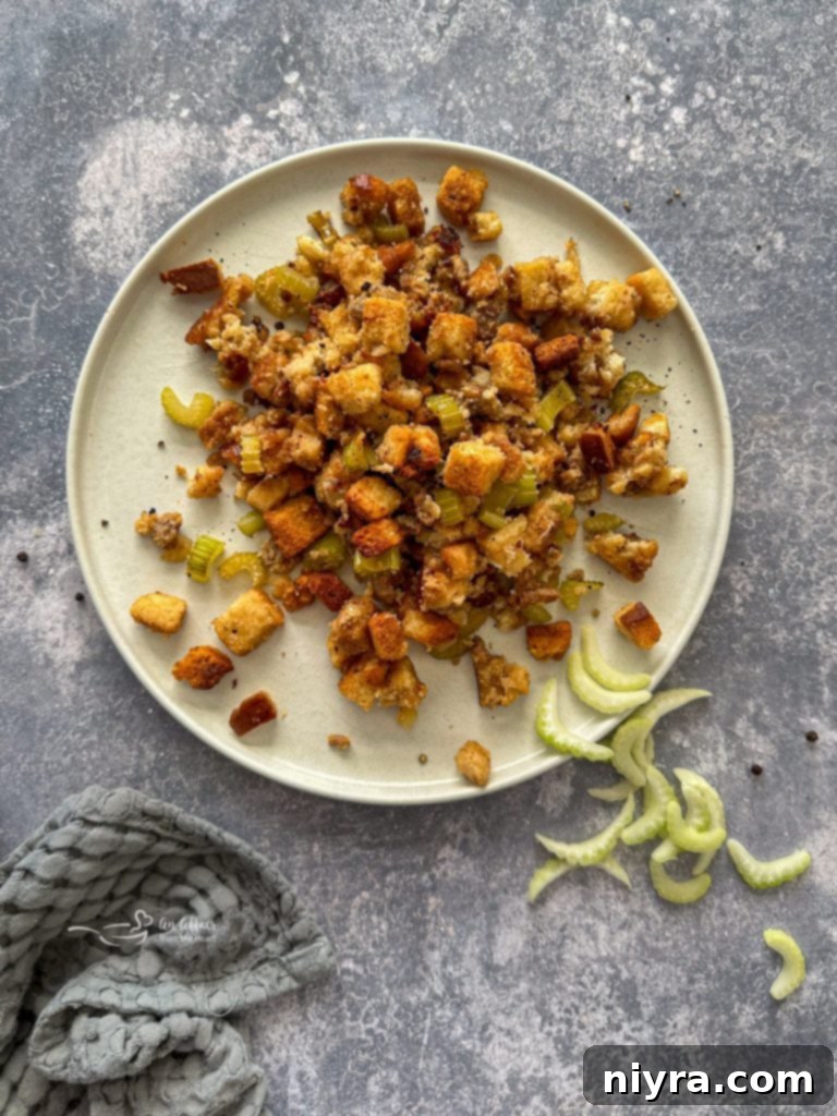 Sausage and Sage Stuffing in a baking dish