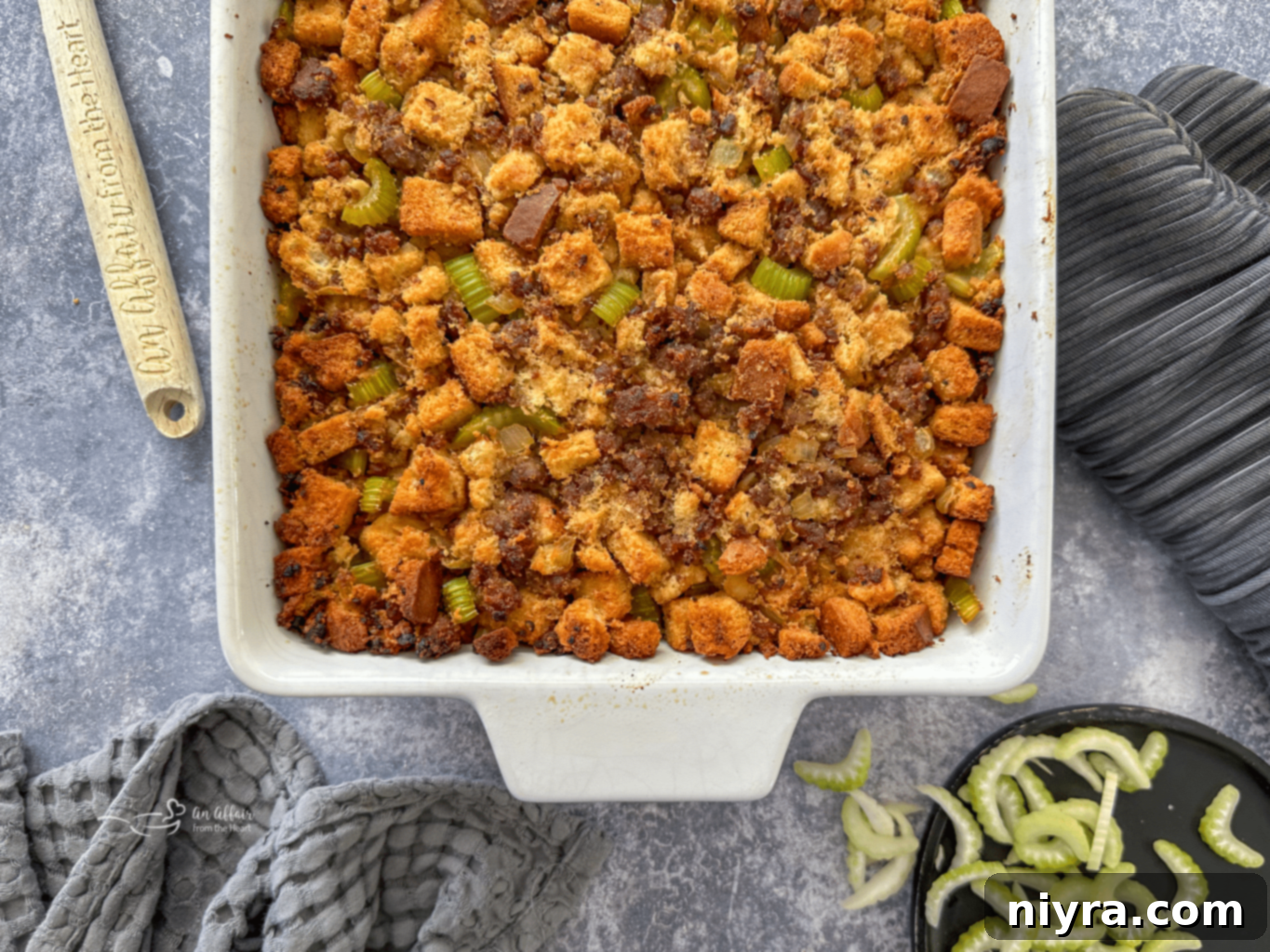 Sausage and Sage Stuffing in a bowl, ready to serve