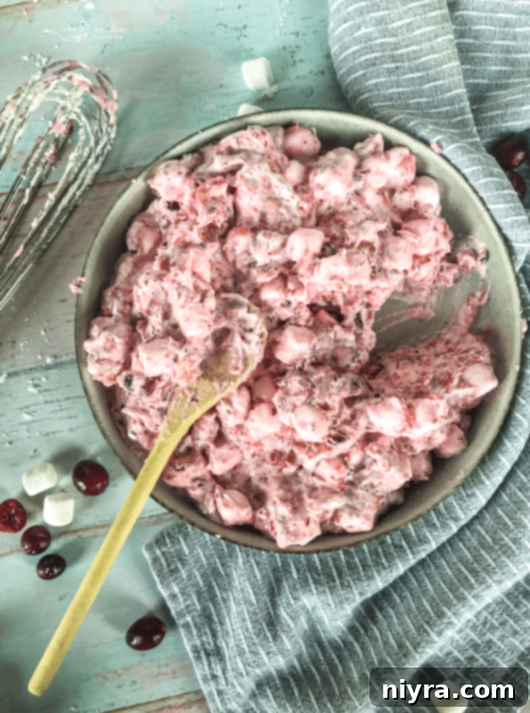Cranberry Fluff Salad with mini marshmallows and crushed pineapple visible.