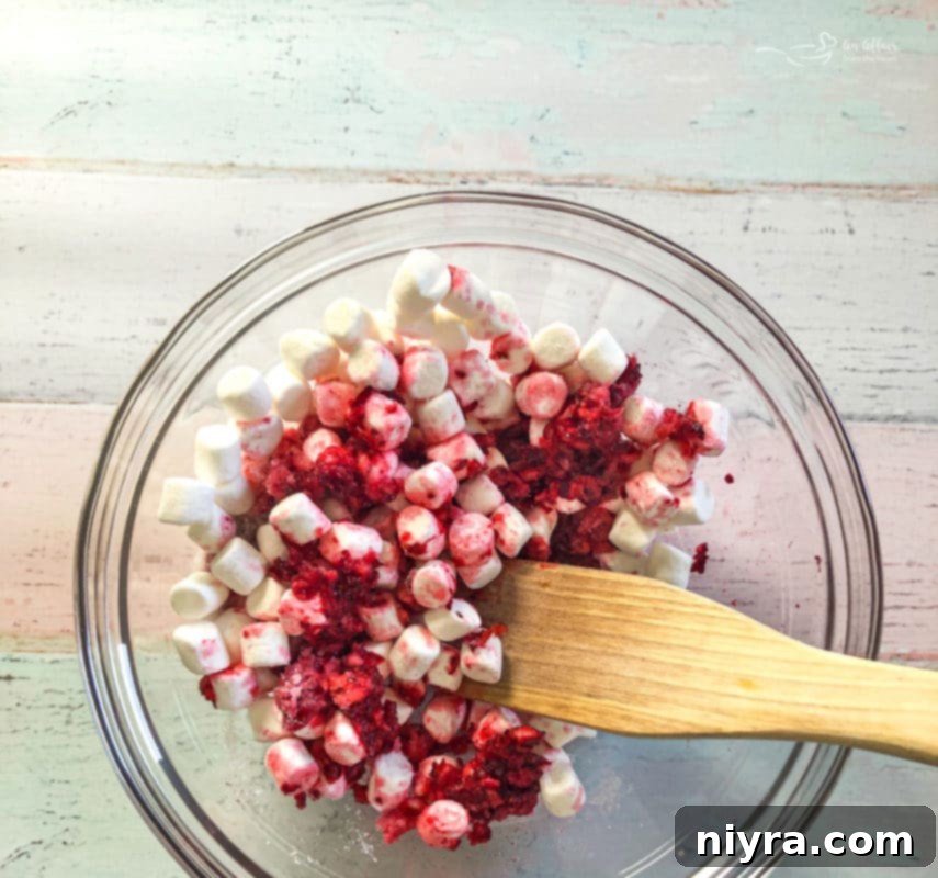Cranberries, marshmallows, and sugar combined in a bowl.