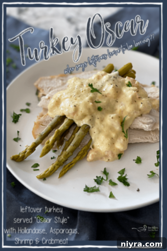 A Pinterest-friendly graphic for Turkey Oscar, featuring an appetizing image of the dish and text encouraging users to save the recipe for later on their Pinterest boards.