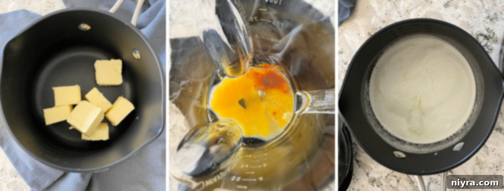 A step-by-step image showing the initial setup for making Hollandaise sauce: a blender containing egg yolks, lemon juice, and cayenne pepper, alongside a saucepan with freshly melted butter, illustrating the preparation process.