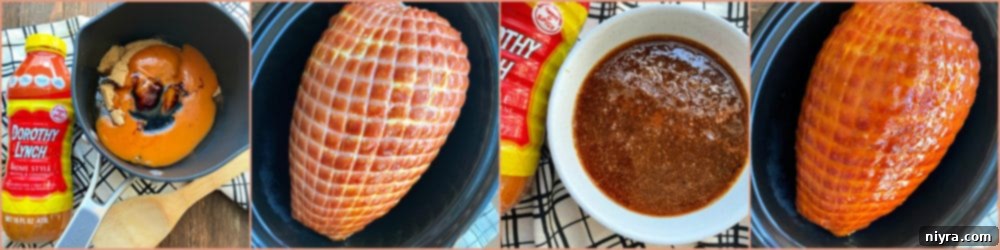 Sweet and Sticky Slow Cooker Ham 6 A collage demonstrating the step-by-step process of preparing Dorothy Lynch Glazed Ham, from mixing the glaze to pouring it over the ham in a slow cooker.