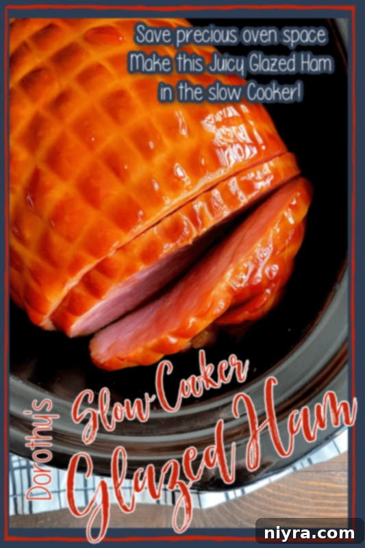 Sweet and Sticky Slow Cooker Ham 8 A large, golden-brown slow cooker glazed ham resting on a cutting board, ready to be carved into juicy slices for a festive meal.