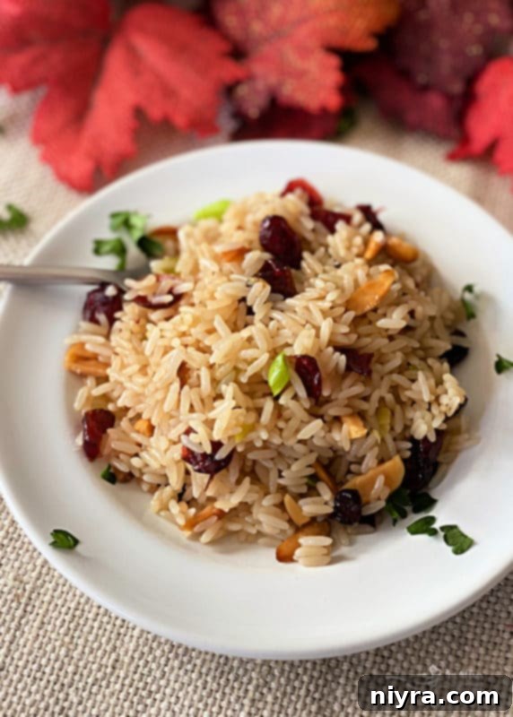Homemade Rice Pilaf with Cranberries and Slivered Almonds, a delightful side dish.