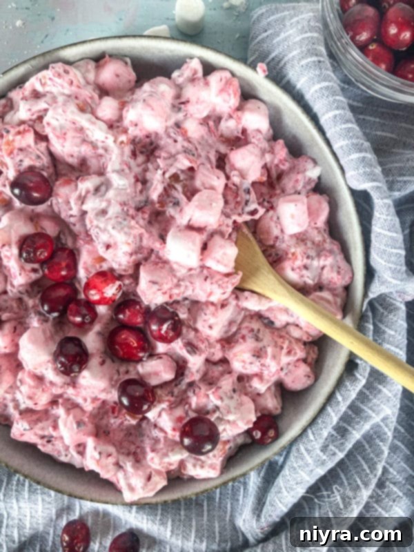 Cranberry Fluff Salad in a decorative bowl with a light bluish background.