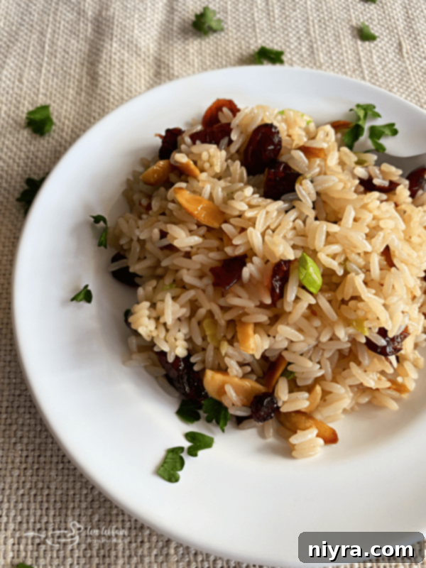 Close-up of fluffy Rice Pilaf with red cranberries and white slivered almonds in a bowl.