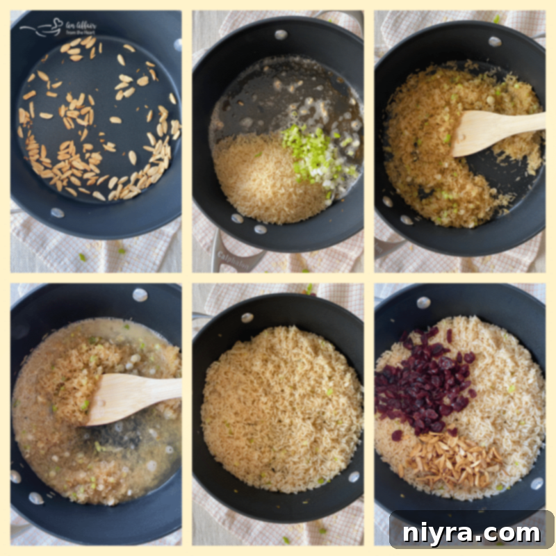 Step-by-step photos showing how to make Rice Pilaf with Cranberries and Almonds.