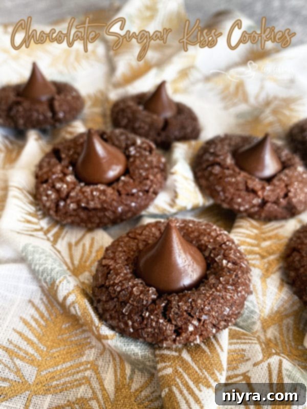 A close-up shot of a single Chocolate Sugar Kiss Cookie with its distinct texture, sugar sparkle, and the smooth top of the chocolate kiss, against a warm background.