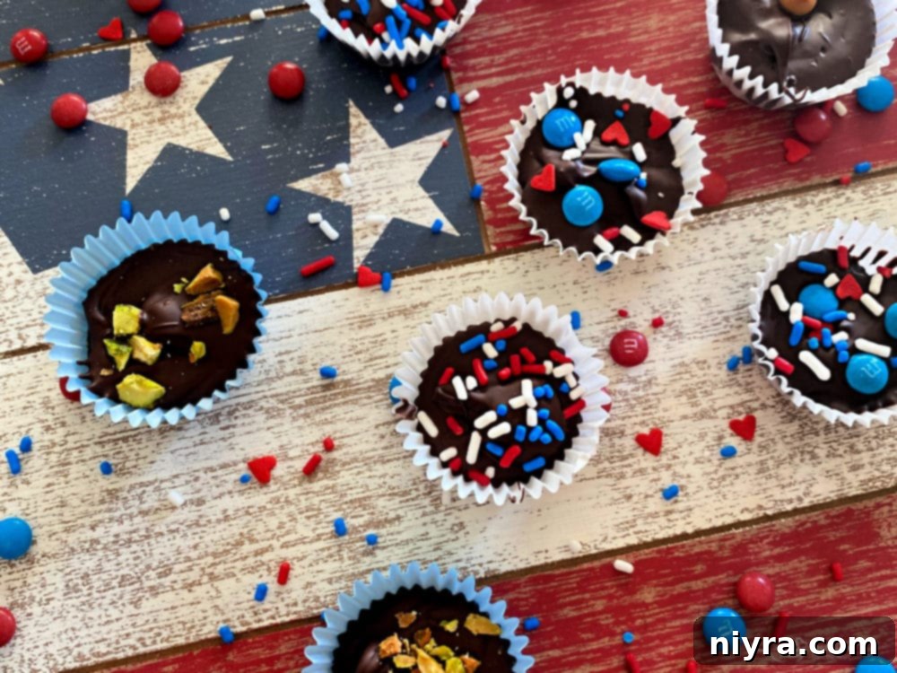 Homemade chocolate candy cups in red, white, and blue liners for Veterans Day