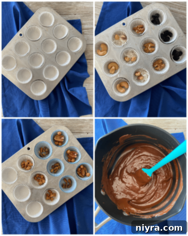 Mini muffin tin lined with paper cups and various fillings