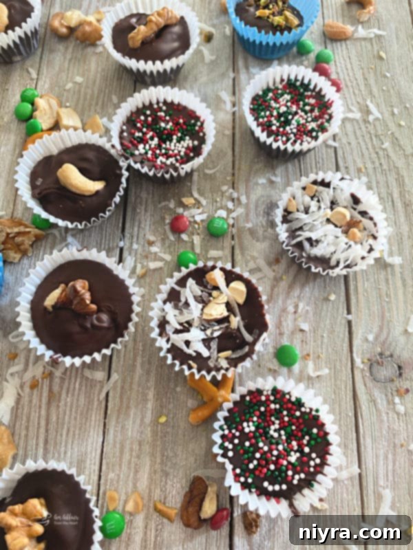 Chocolate candy cups with festive red and green sprinkles for Christmas