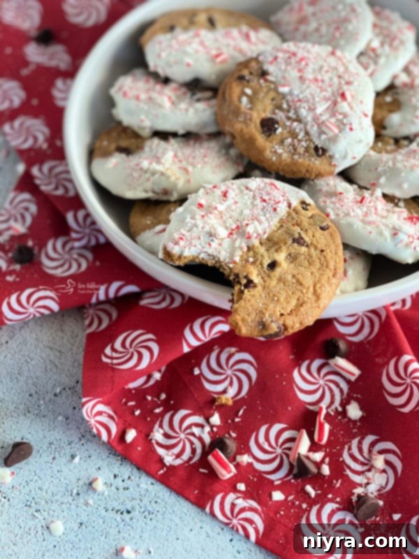 Peppermint Dipped Chocolate Chip Cookies on a white plate with candy canes