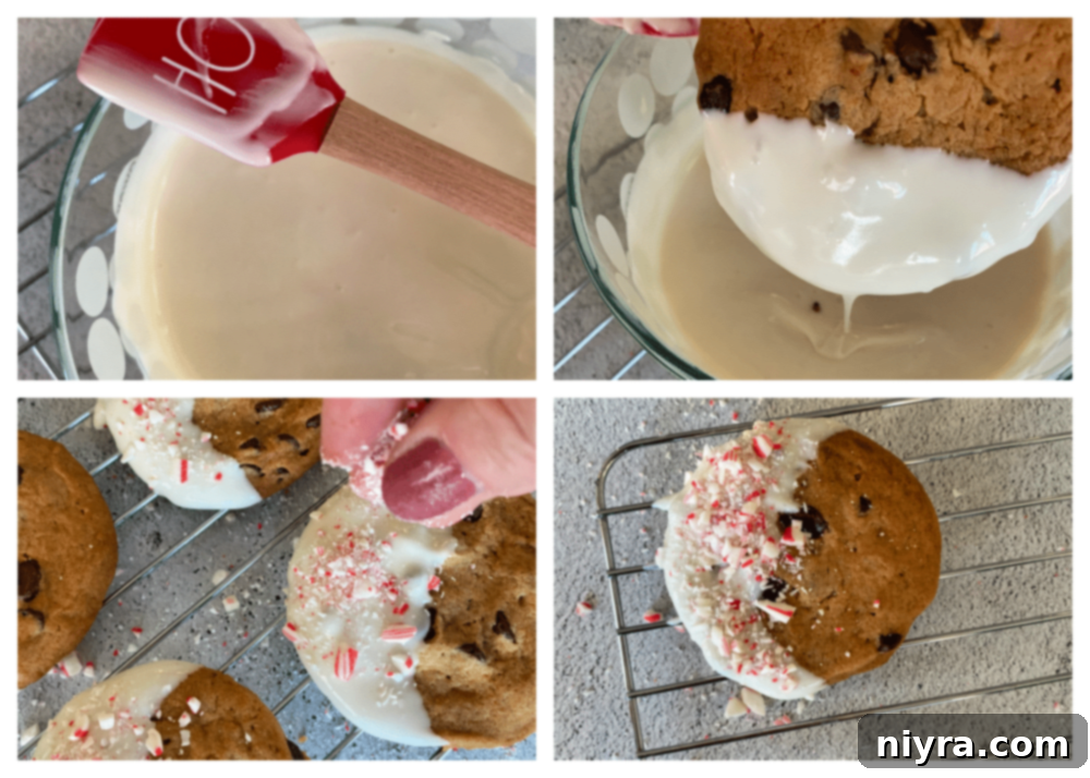 Peppermint Dipped Chocolate Chip Cookies cooling on a rack