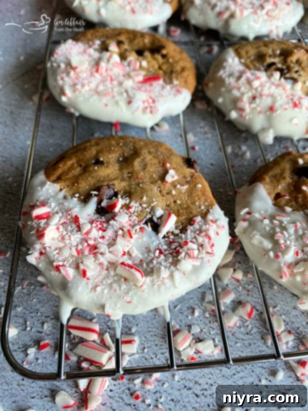 Peppermint Dipped Chocolate Chip Cookie being placed on a cooling rack