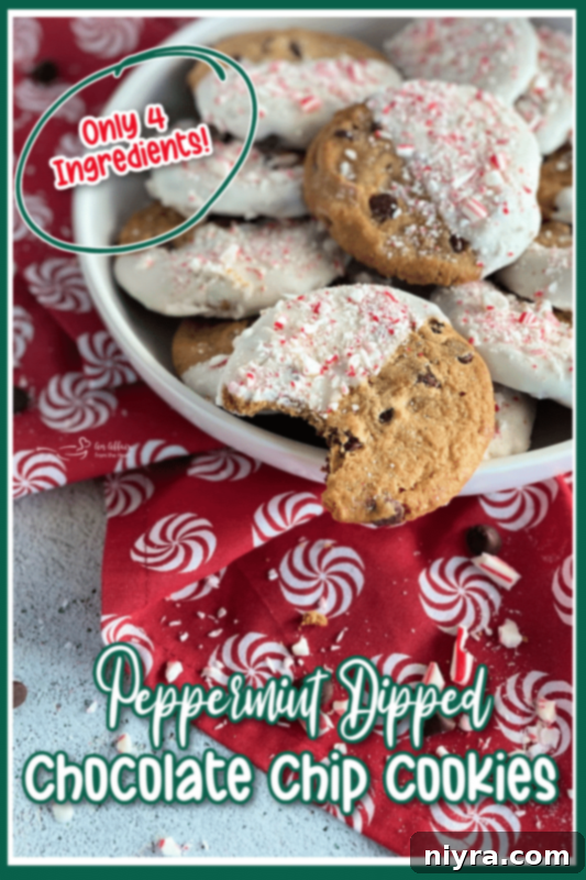 Vertical image of Peppermint Dipped Chocolate Chip Cookies on a snowflake plate