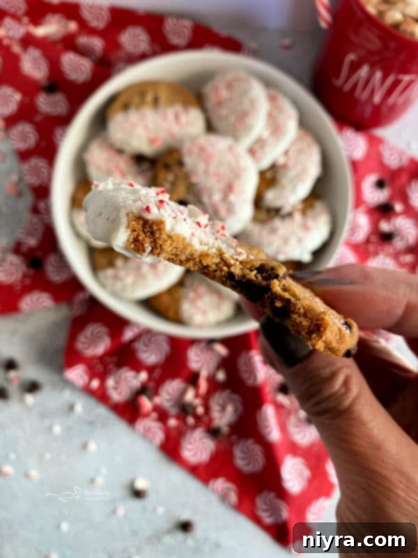 Peppermint Dipped Chocolate Chip Cookies on a white plate