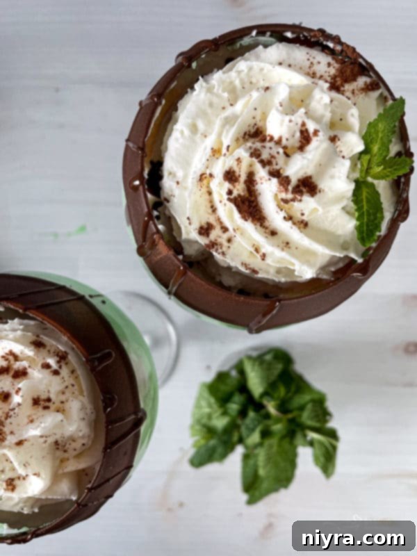 Emerald Dream 9 A finished Grasshopper Cocktail topped with whipped cream and chocolate shavings.