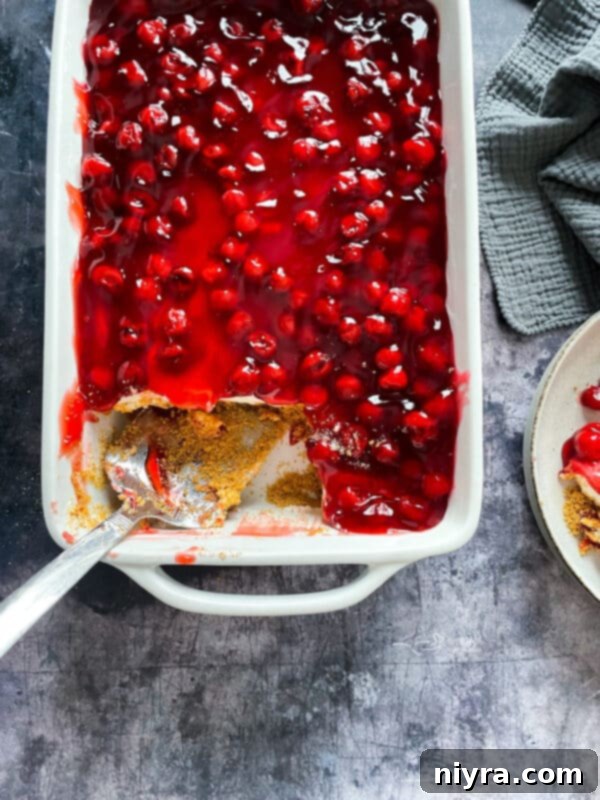 Crimson Cherry Indulgence 12 A fully assembled No-Bake Cherry Dessert in a baking dish, ready to be chilled.