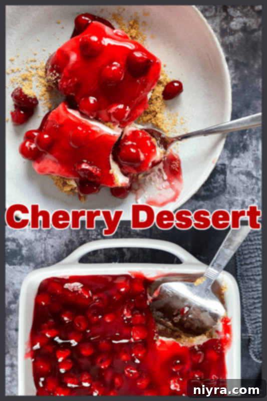 Crimson Cherry Indulgence 13 A beautifully presented slice of No-Bake Cherry Dessert on a small white plate.