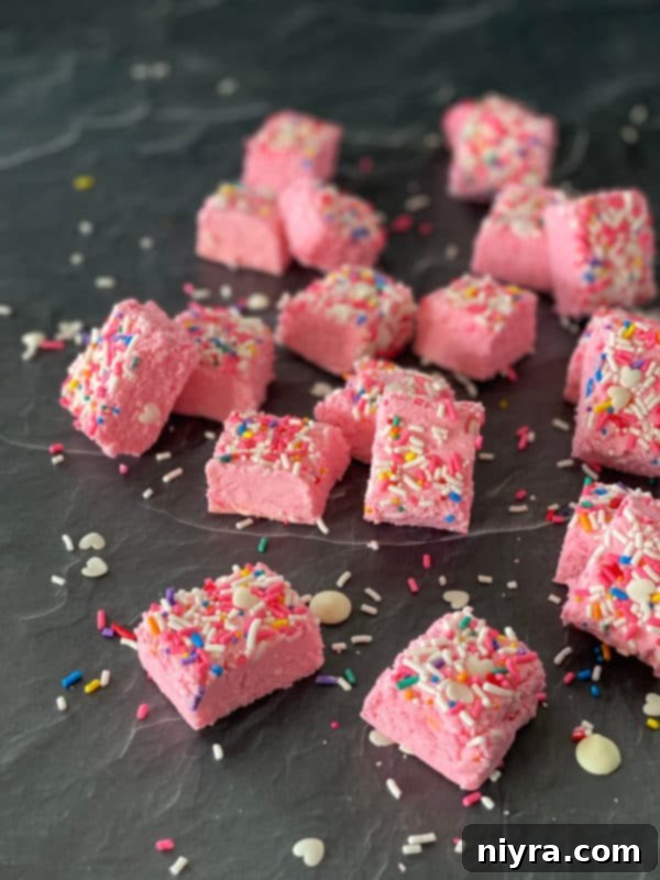 Final arrangement of pink fudge with sprinkles, ready to be served