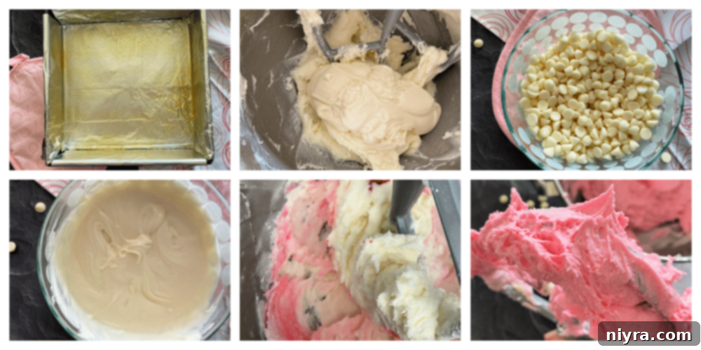 Visual guide for the first steps of making pink cream cheese fudge