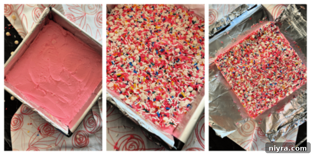 Visual guide for the final steps of making pink cream cheese fudge, including spreading and chilling