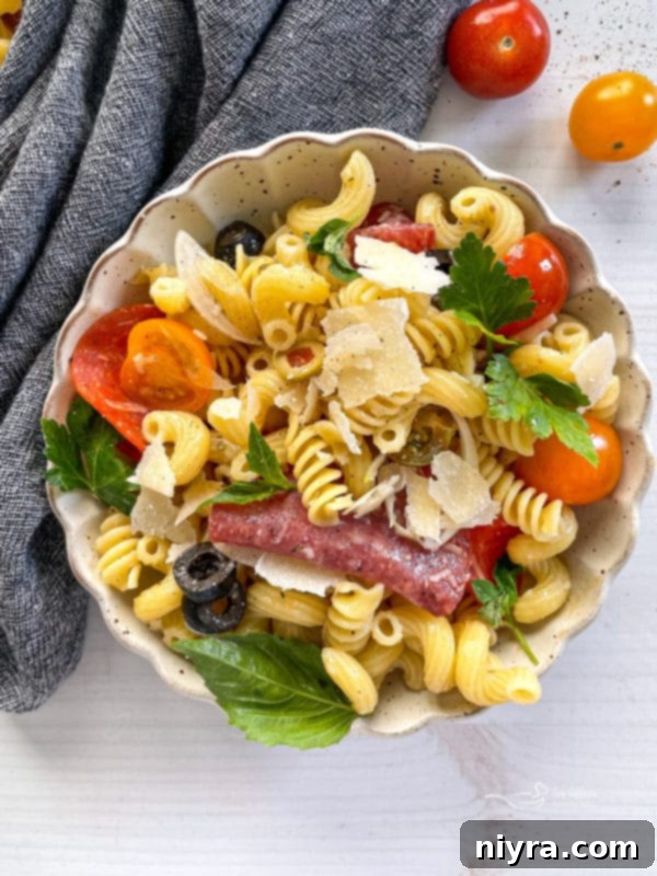 Italian Deli Pasta Salad 7 One bowl of pasta salad with tomatoes