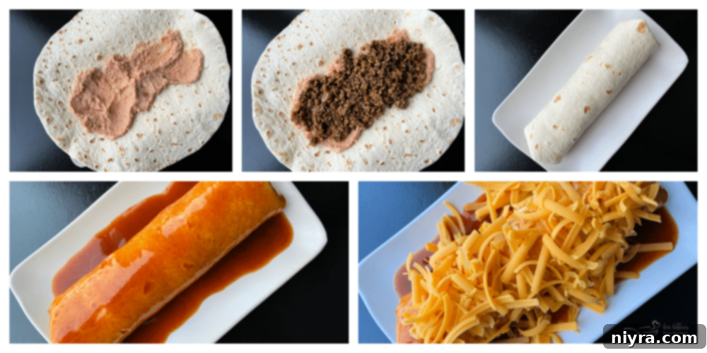 A step-by-step graphic showing the process of assembling a Taco Bell Enchirito, from spreading ingredients to rolling the tortilla.