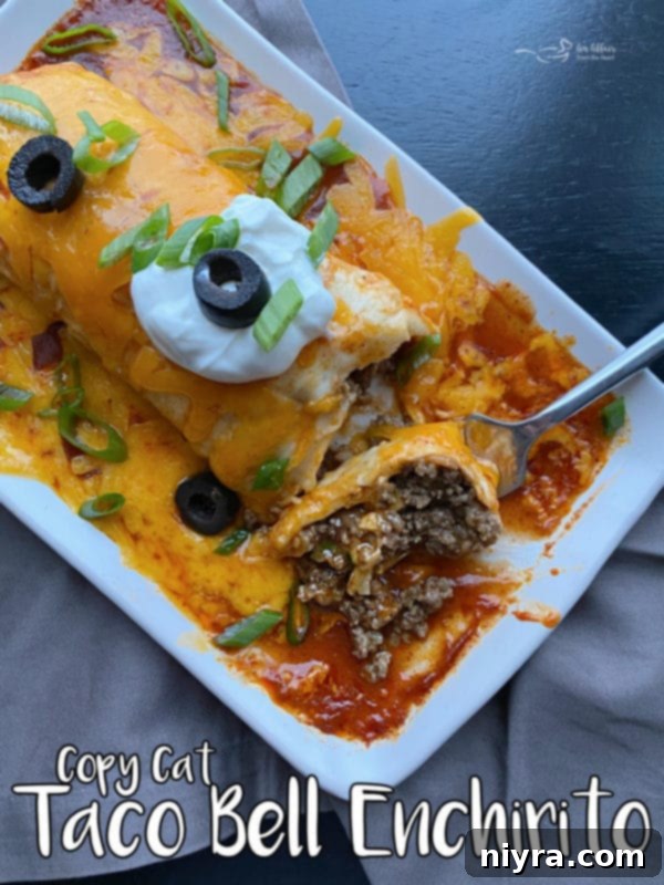 A vibrant, well-lit photo of a finished homemade Taco Bell Enchirito, beautifully presented and ready to be enjoyed.