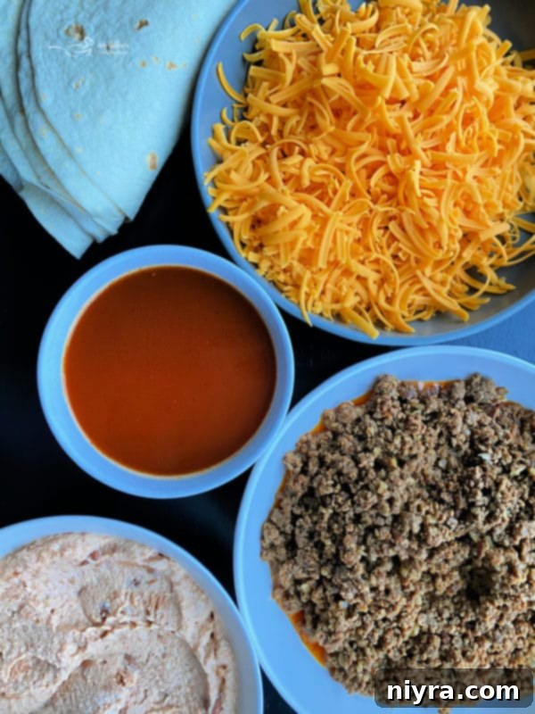 A selection of fresh ingredients laid out, including ground beef, onion, refried beans, tortillas, cheese, and red enchilada sauce, ready for Enchirito preparation.