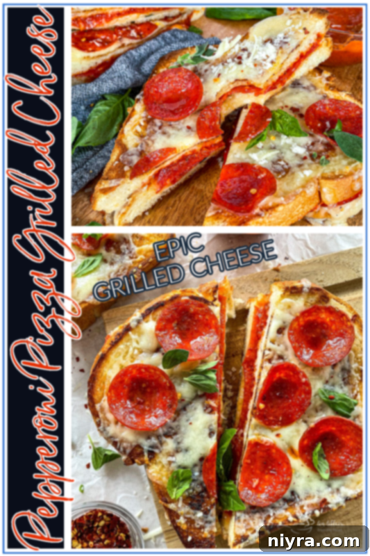 Finished pepperoni pizza grilled cheese garnished with fresh basil