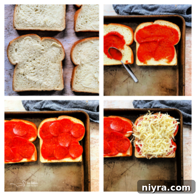 Step-by-step graphic showing how to assemble a pepperoni pizza grilled cheese