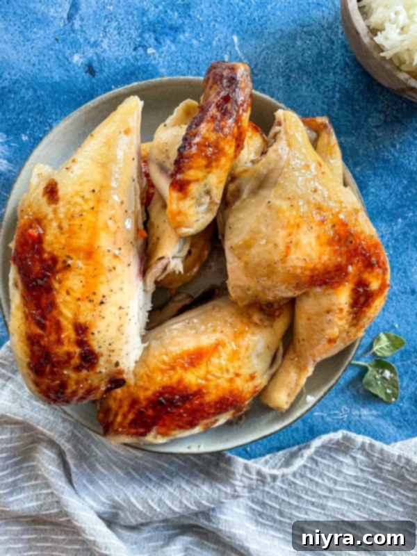 Top view of roasted chicken in bowl