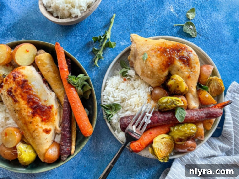 Two bowls of chicken with carrots, rice, potatoes, and Brussels sprouts