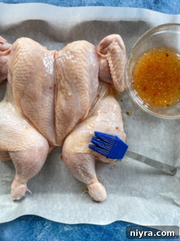 Spatchcock raw chicken brushed with Italian dressing