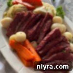 Instant Pot Corned Beef & Cabbage Dinner white platter