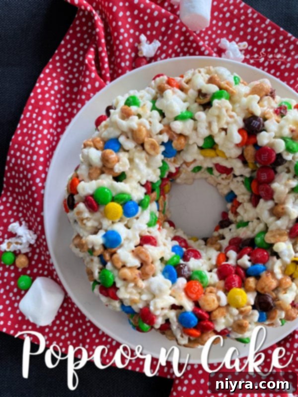 Close-up of a complete Popcorn Cake, ready for celebration.