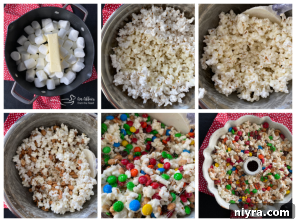 Step-by-step assembly of Popcorn Cake in a bundt pan.