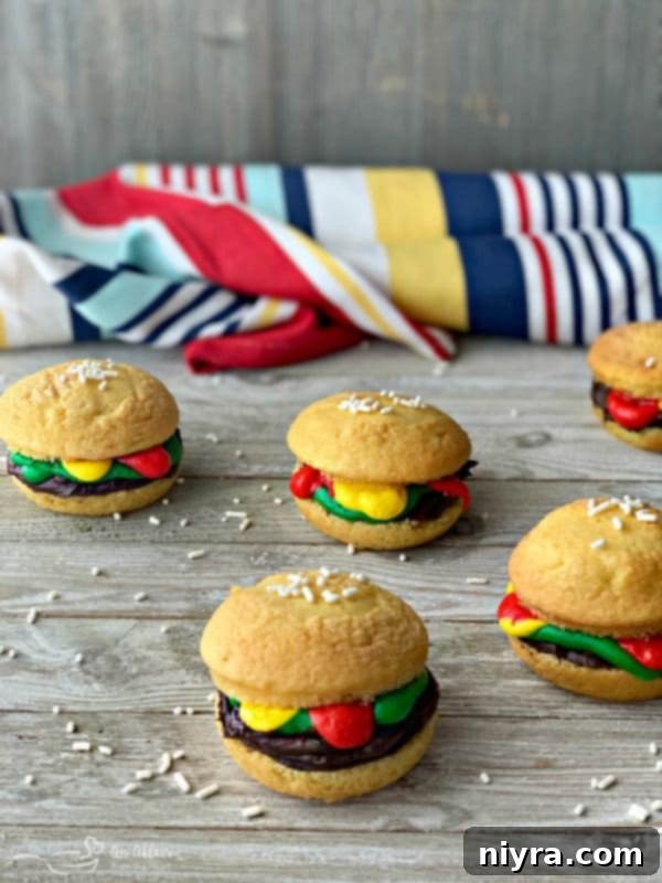 Finished Hamburger Cupcakes on a rustic wooden board