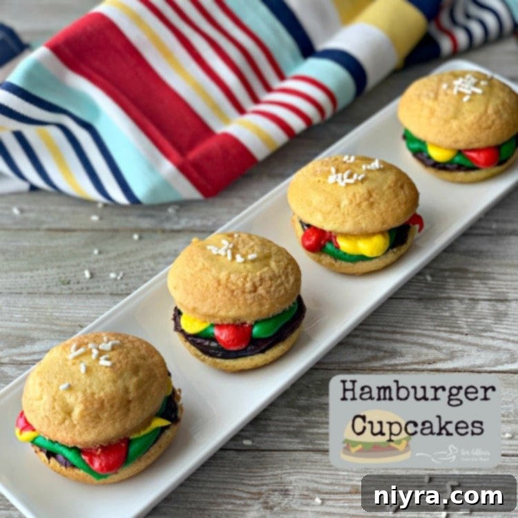 Large hero shot of Hamburger Cupcakes, a perfect cookout dessert