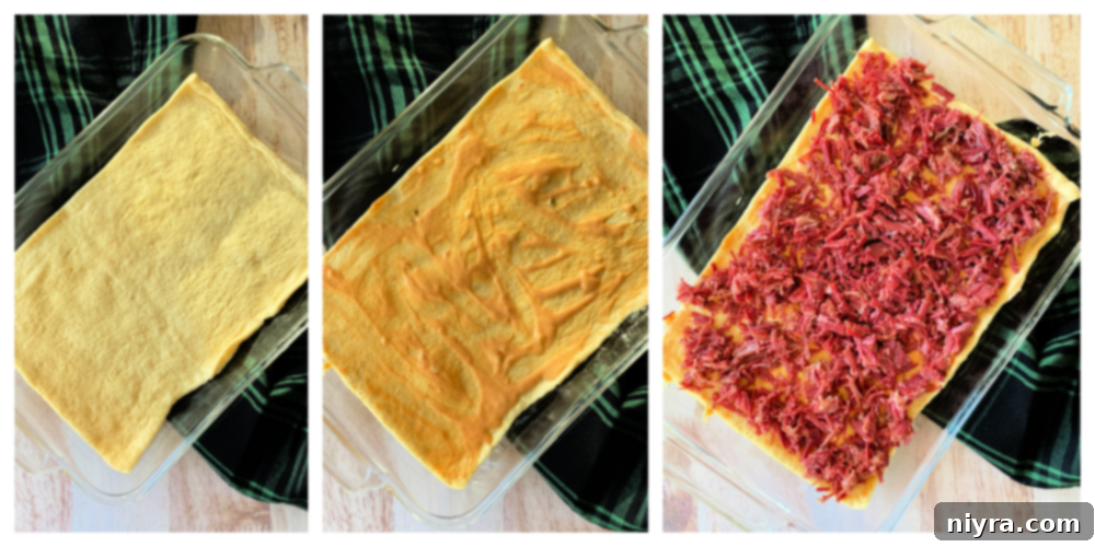 Step-by-step assembly of Reuben Breakfast Casserole
