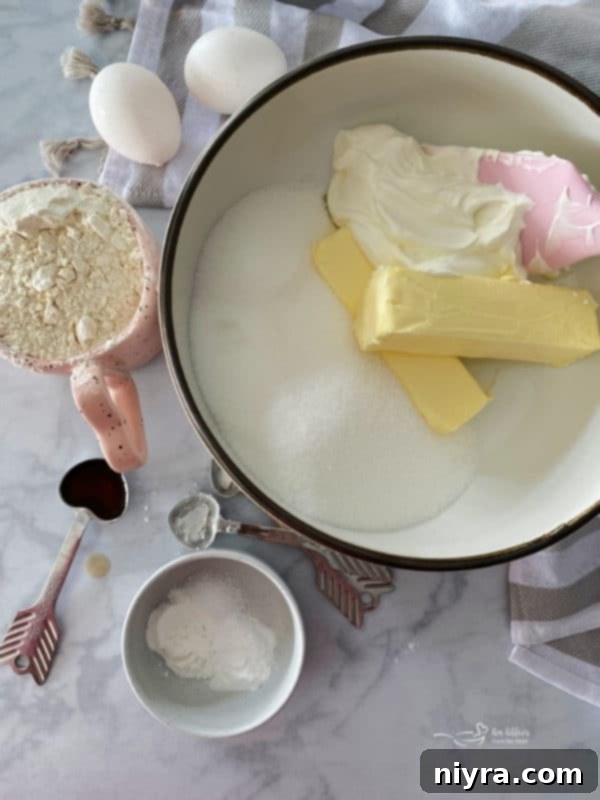 Close-up of Sour Cream Coffee Cake batter being mixed