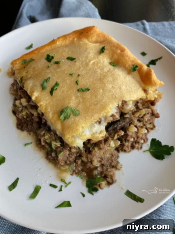 Swiss Mushroom Runza Bake 2 Delicious Swiss Cheese Mushroom Runza Casserole with golden brown crust, ready to serve.