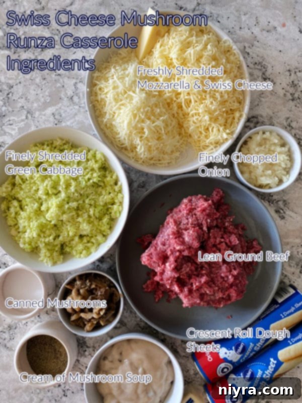 Swiss Mushroom Runza Bake 6 Gathered ingredients for Swiss Cheese Mushroom Runza Casserole, including crescent rolls, ground beef, onion, cabbage, mushrooms, and cheeses.