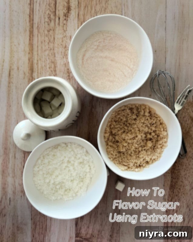 A vibrant collage of different flavored sugars and their uses, with text reading 'How to Flavor Sugar with Extracts'.