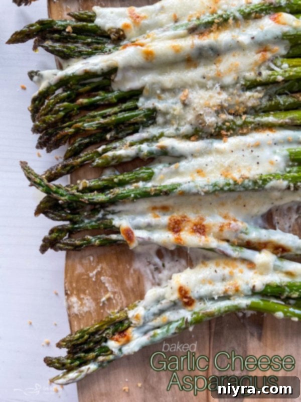 Top view of asparagus topped with melted cheeses